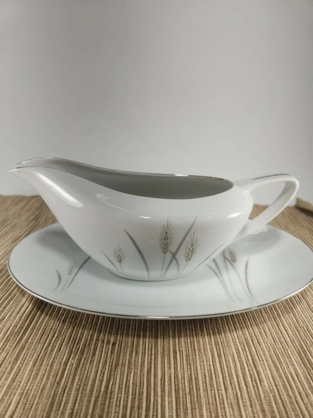 Vintage Platinum Wheat Fine China Japan Gravy Boat Underplate Silver Trim MCM